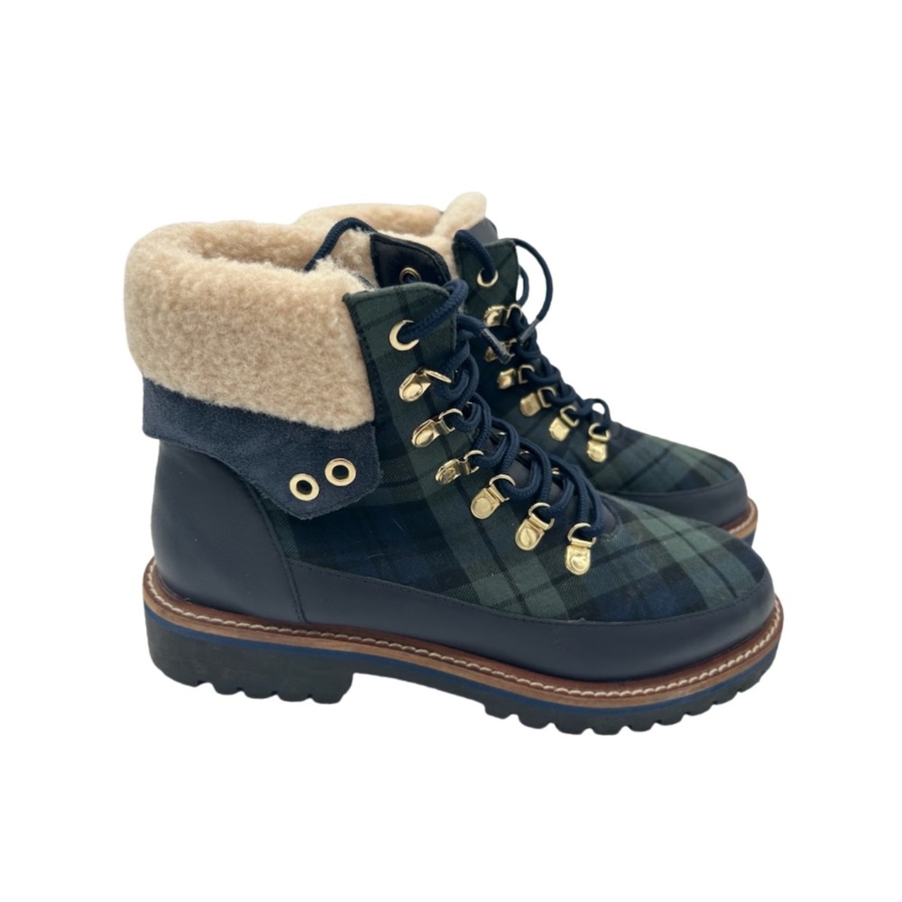 J. Crew Hiking Boots Womens Size 8.5 M Navy Black Watch Plaid Shearling Lined